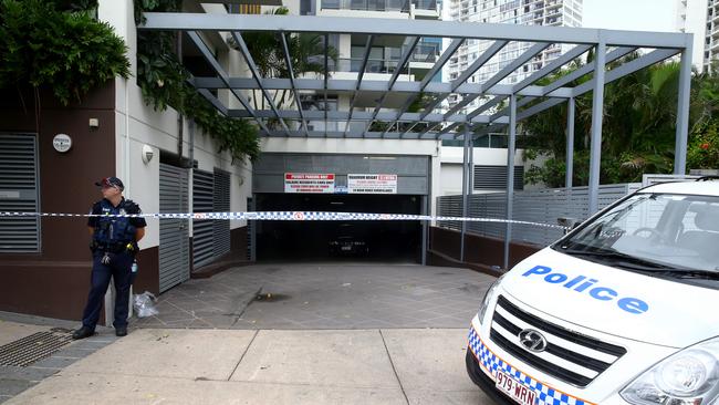 Police on the scene of the shooting in the underground carpark of the Solaire Apartments in Surfers Paradise in January 2017. Picture: David Clark