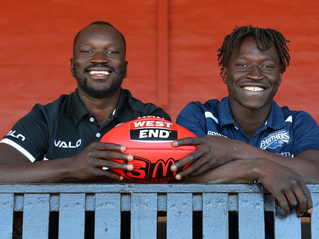 25.5.2018.South plays Port Adelaide at home and the game coincides with SANFL Multicultural Round. Emmanuel Irra, who was drafted from South to Port, will likely be fronting up for the Magpies against his old side, while this year his younger brother Robert has made his SANFL League debut for the Panthers. Emmanuel and Robert Irra at Alberton Oval.  PIC:TAIT SCHMAAL.