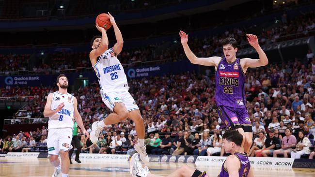 Sam McDaniel of the Bullets drives to the basket during the round 14 NBL match between Sydney Kings and Brisbane Bullets at Qudos Bank Arena. Picture: Matt King/Getty Images.