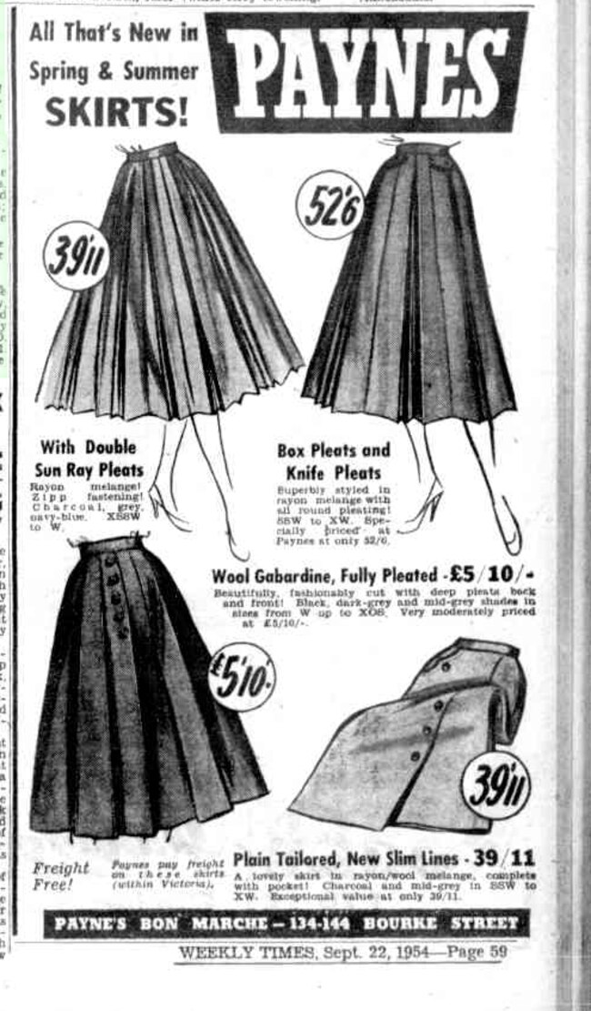 The latest women’s fashion skirts in an advertisement from the Weekly Times in 1954. Picture: Trove.