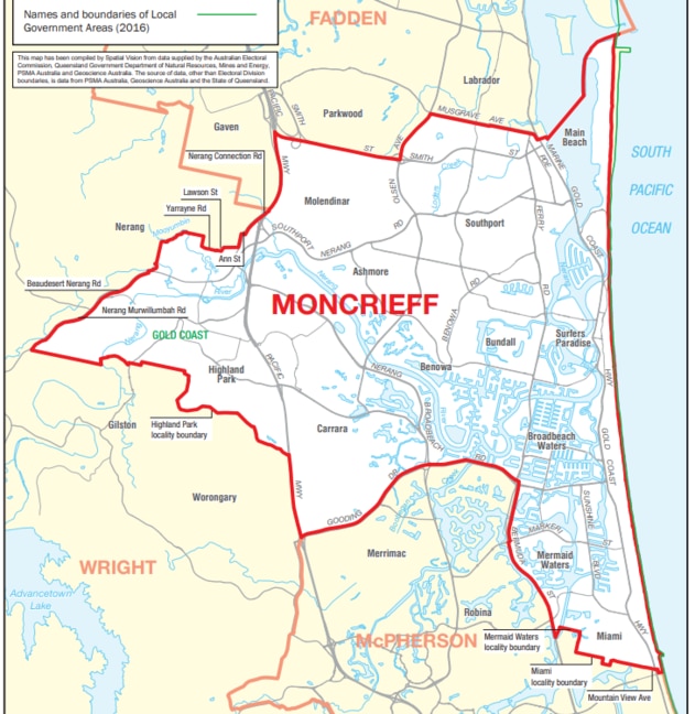 Moncrieff electorate map for the Gold Coast and federal election. Picture: Australian Electoral Commission