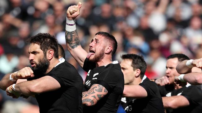 New Zealand players perfrom the Haka during the rugby union Test match between New Zealand and Tonga in Hamilton on September 7, 2019. (Photo by MICHAEL BRADLEY / AFP)