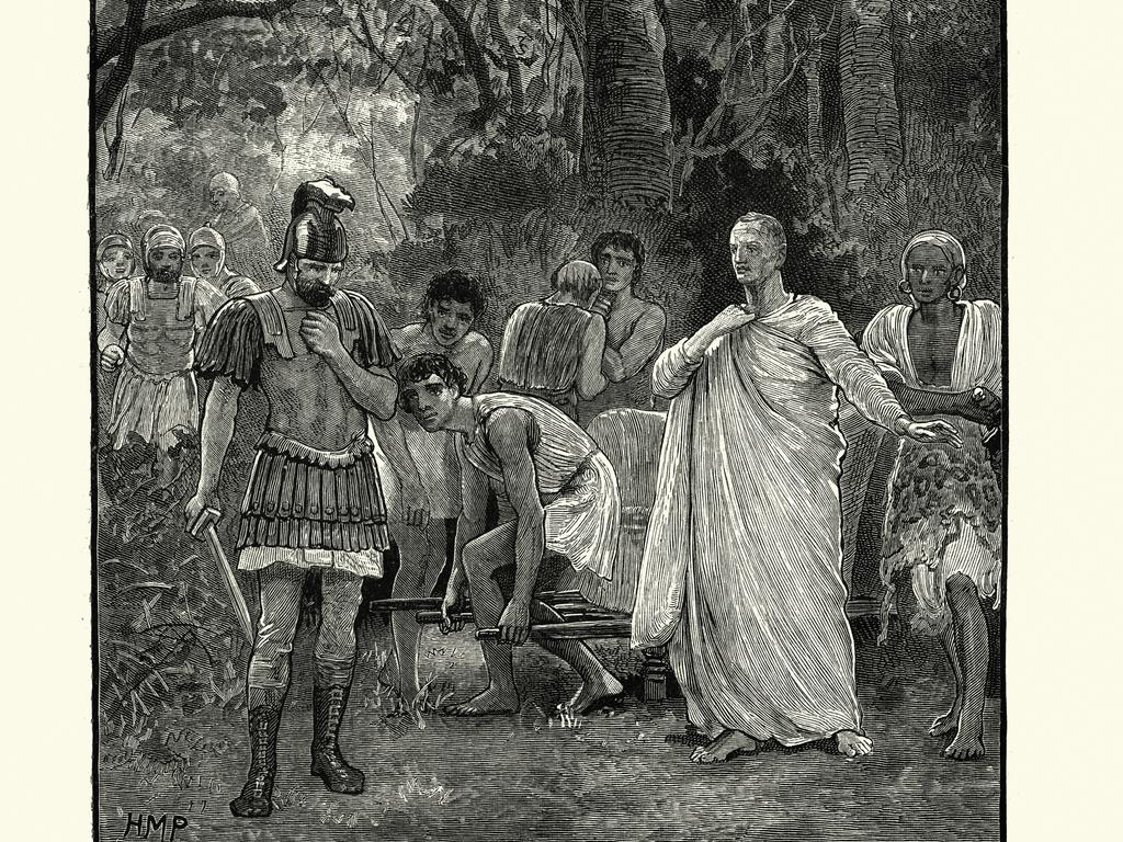 Vintage engraving of the murder of Cicero — executed by soldiers operating on behalf of the state in 43BC.