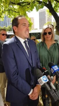 Advertiser journalist Ben Hyde speaks outside court