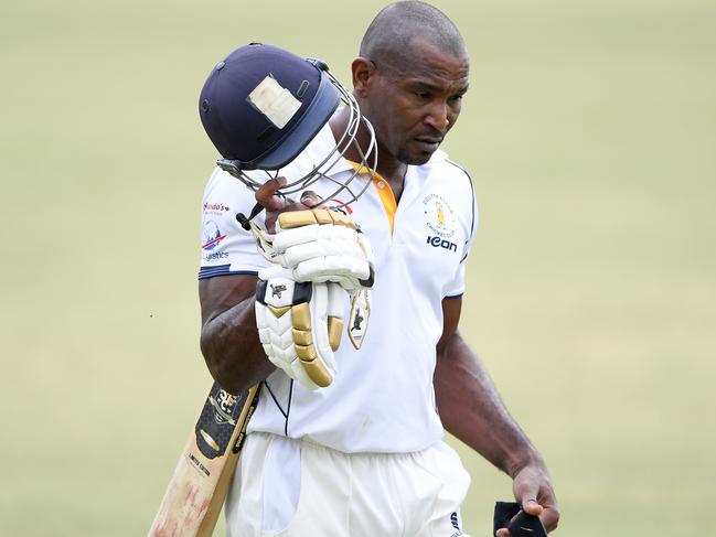 Brenton Parchment walks off after being bowled during the VTCA Cricket: Doutta Stars v St Albans cricket match in Essendon, Saturday, Nov. 21, 2020. Picture: Andy Brownbill