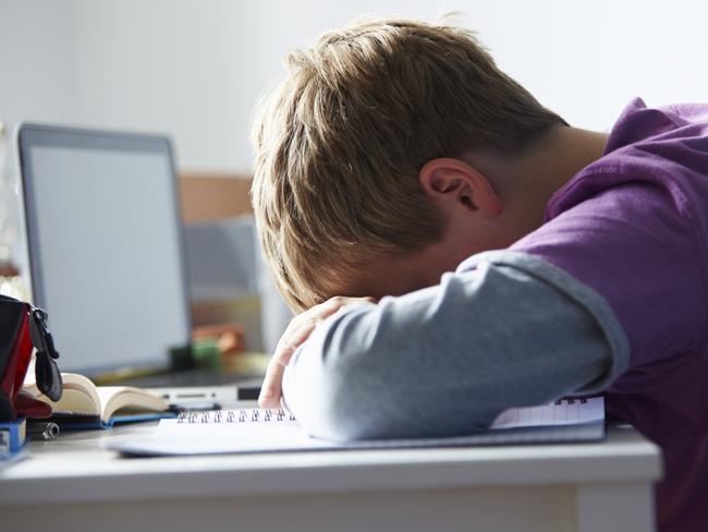 Tired Boy Studying In Bedroom