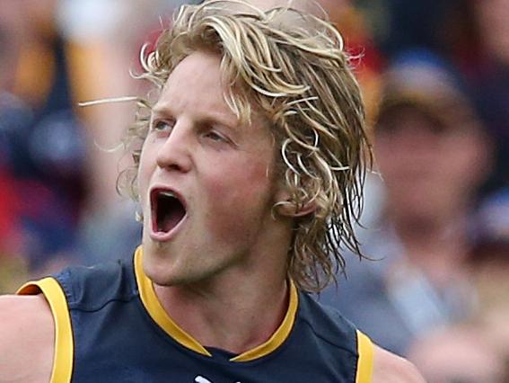 AFL - Adelaide Crows v St Kilda at The Adelaide Oval. Rory Sloane celebrates a goal. Photo Sarah Reed.