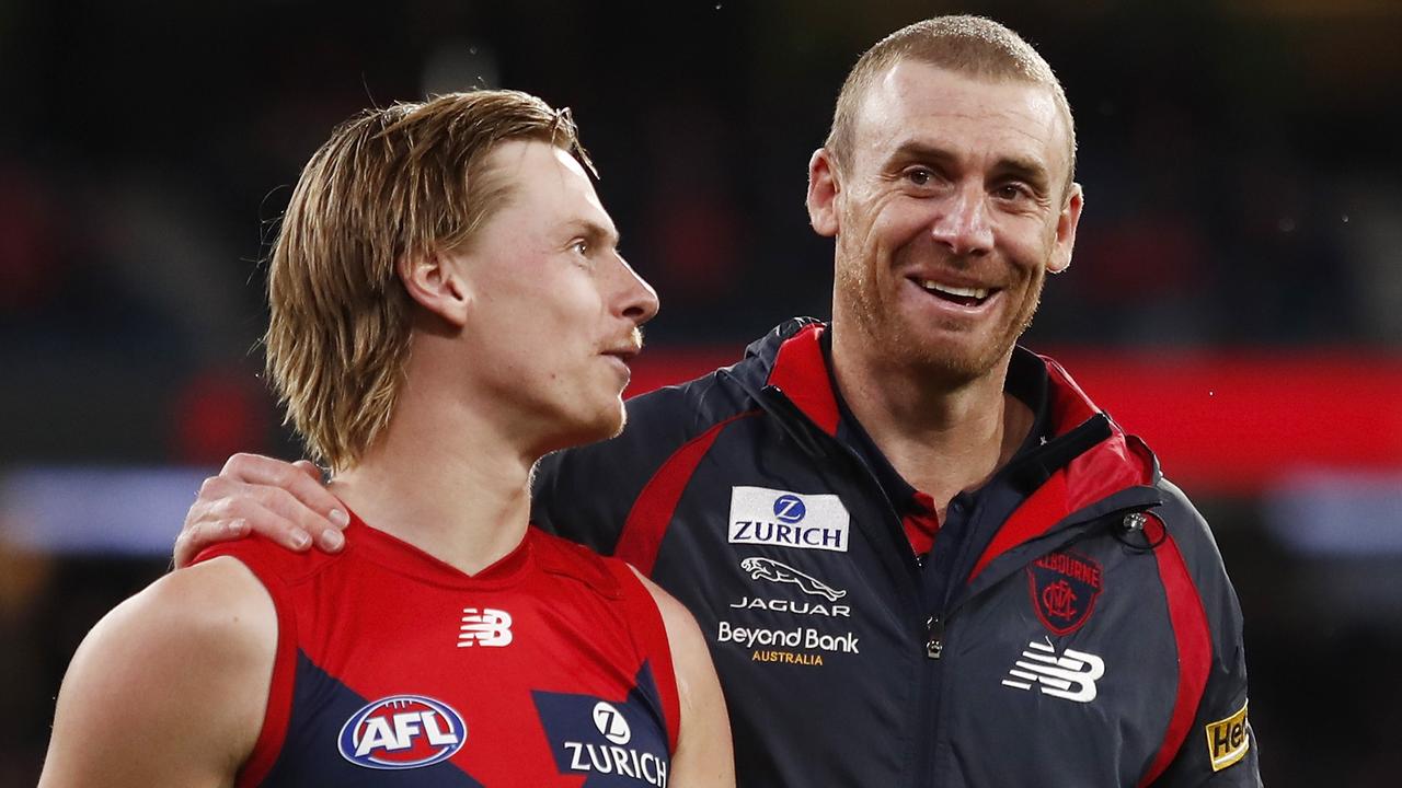 Melbourne is 9-0 this year under coach Simon Goodwin, whose previously hot seat has frozen over. (Photo by Dylan Burns/AFL Photos via Getty Images)