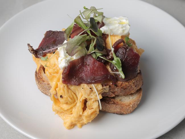A plate of the chilli eggs and wallaby at The Kettle Black.