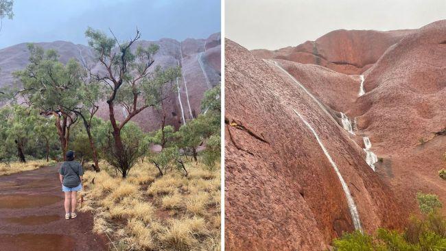 Seeing the waterfalls cascading down Uluru during heavy rain is a rare sight. Image: Leah Goulis / Kidspot