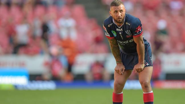 Melbourne Rebels's Quade Cooper reacts during the Super Rugby match between Emirates Lions and Melbourne Rebels at Emirates Airline Park in Johannesburg, South Africa, on March 16, 2019. (Photo by Christiaan Kotze / AFP)