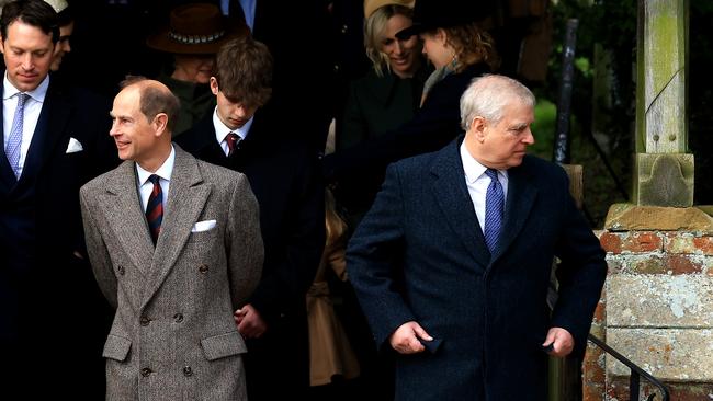 Prince Andrew and Prince Edward leave the Sandringham Church Christmas morning service. Picture: Getty Images