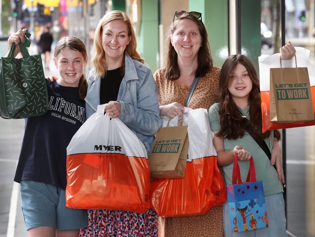 Saffron McKinley, Renee Moore, Kristie Keppel and Sienna Keppel at the Boxing Day sales. Picture: David Crosling