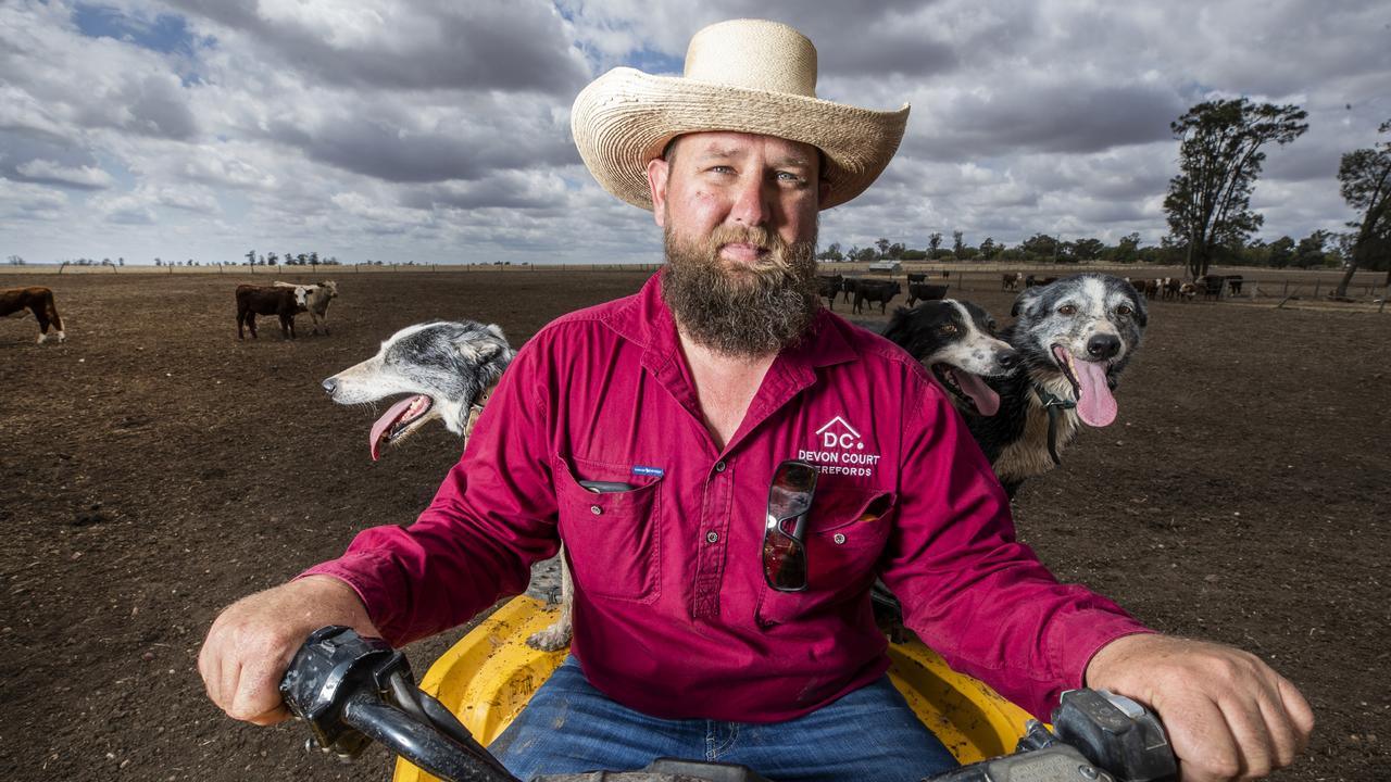 Cattle Farmer Tom Nixon with his dogs on Devon Court Stud on the Western Downs, Queensland is constantly looking at ways to diversify his farming practices. Picture: Lachie Millard