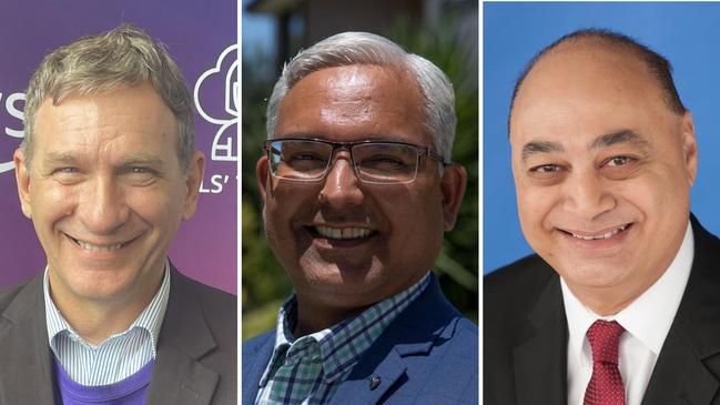 Labor MP Stephen Bali, left, with Liberal candidate for Rivertsone Mohit Kumar, and Labor MP Edmond Atalla are among the 17 candidates vying for the state seats of Blacktown, Mt Druitt, and Riverstone.