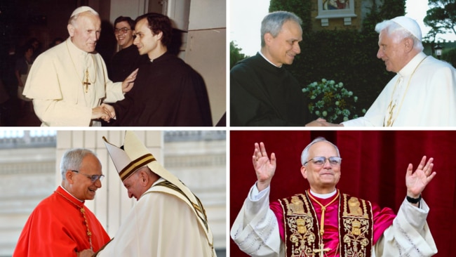 Pictures of Robert Prevost before he became Pope Leo XIV with John Paul II, Benedict XVI and Francis. Photos: AFP/ Midwest Augustinian Province of Our Mother of Good Counsel