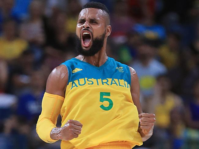 Patty Mills during the quarter-final v Lithuania. Picture: Alex Coppel.