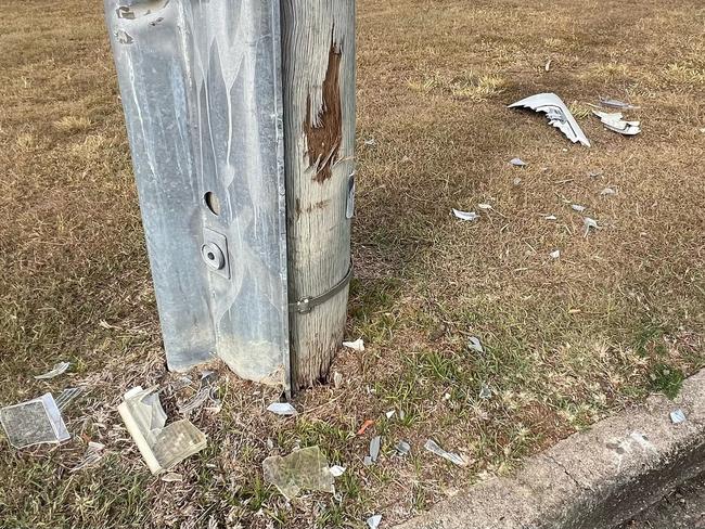 Damage to a light post in Vincent after a white truck went on a rampage around Townsville on Friday night. Picture: Supplied.