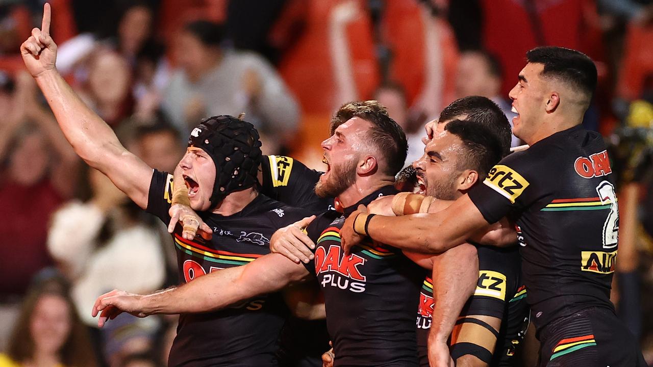 Kurt Capewell celebrates a try against premiers, the Storm. Photo by Cameron Spencer/Getty Images