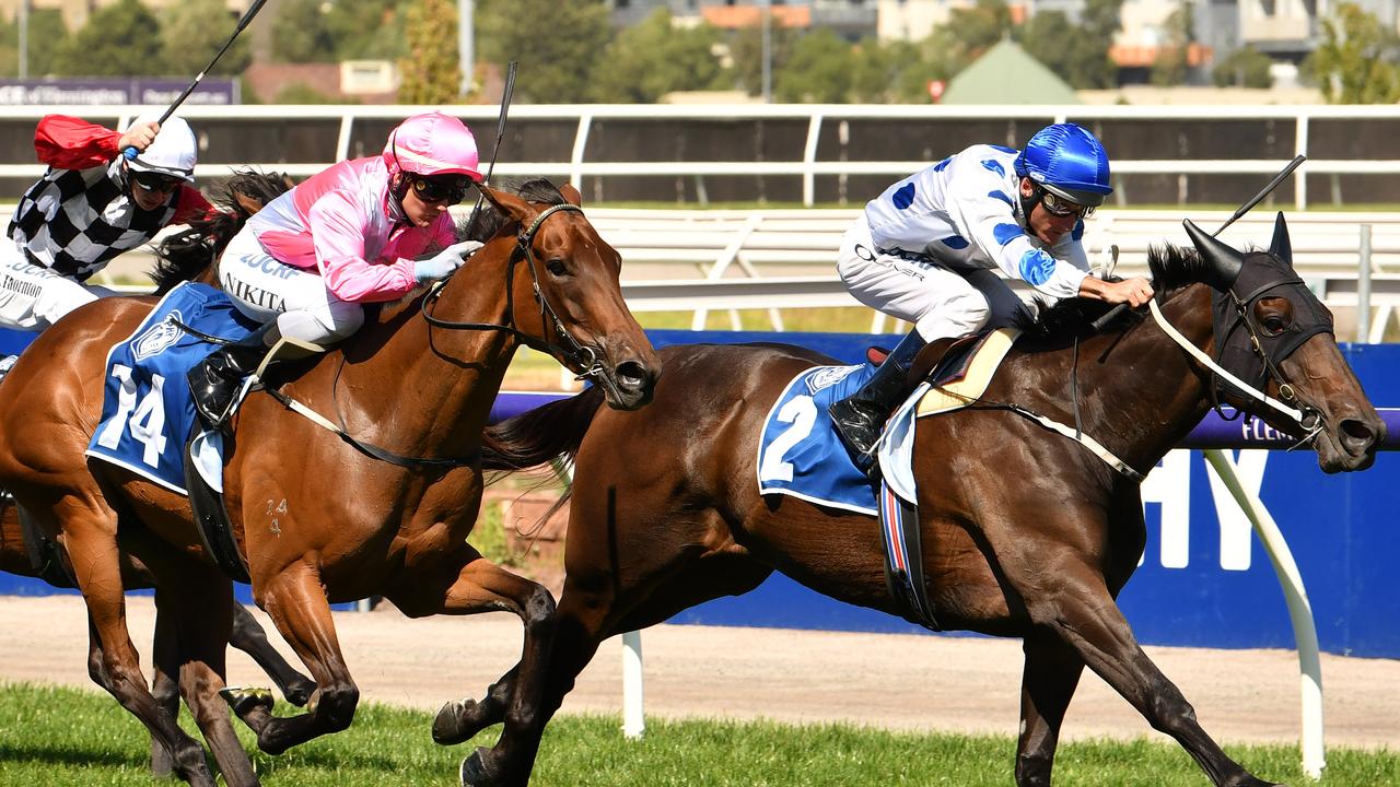 Clarice Cliffs chases Oregon’s Day at Flemington. Picture: AAP