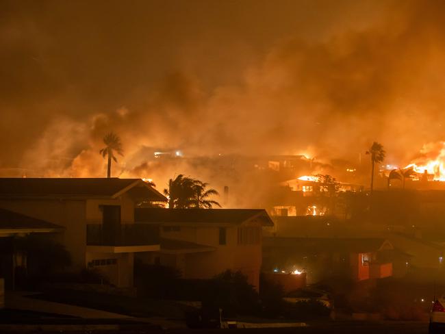 The Pacific Palisades burns amid a powerful windstorm as fires continue to rage in California. Picture: Getty Images via AFP