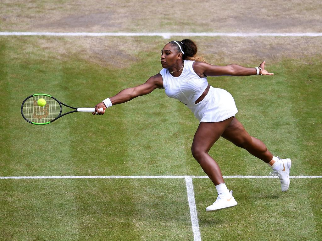 Serena Williams plays a forehand against Barbora Strycova . (Photo by Laurence Griffiths/Getty Images)