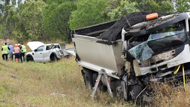 Photos from the scene of an accident involving two trucks and a utility vehicle at Yuruga on the Bruce Highway between Townsville and Ingham. Two men have been badly injured. Picture: Cameron Bates