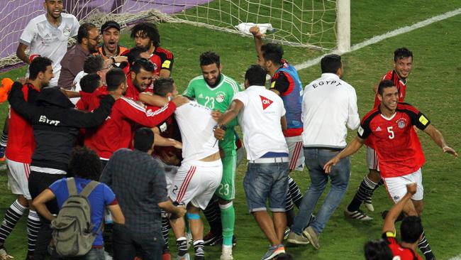 Egypt celebrate making the World Cup after its dramatic late win over Congo in October. Picture: AFP