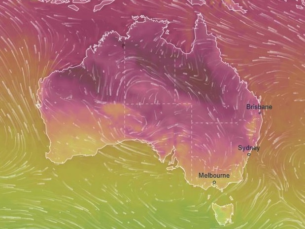 Smothering heat has covered much of Australia, with conditions expected to last three days. Picture: Ventusky