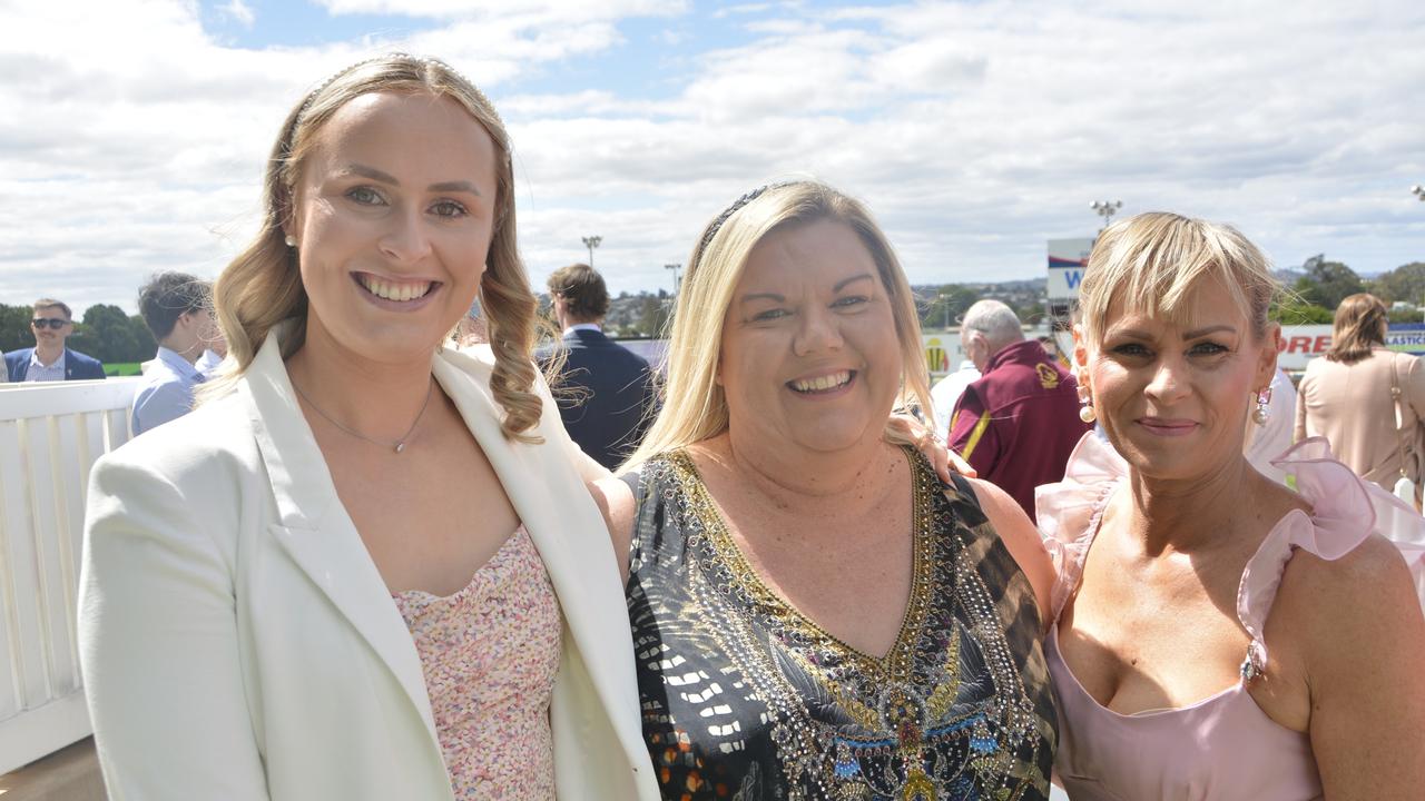 Mathison Campbell, Robyn Ferguson and Jennifer Wood at the 2023 Audi Centre Toowoomba Weetwood race day at Clifford Park Racecourse.
