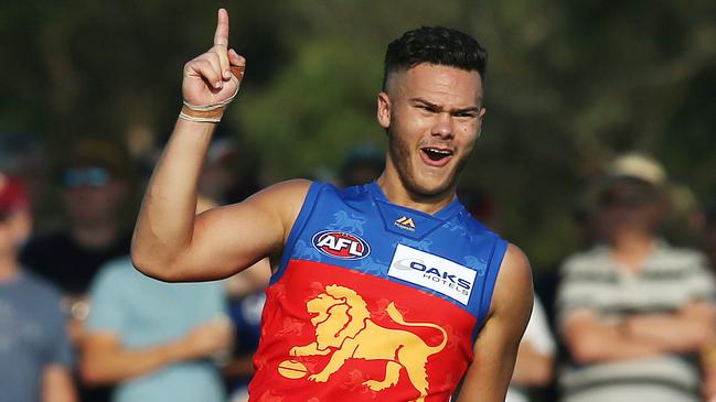 Cameron Rayner celebrates a goal for the Lions. Picture: Michael Klein