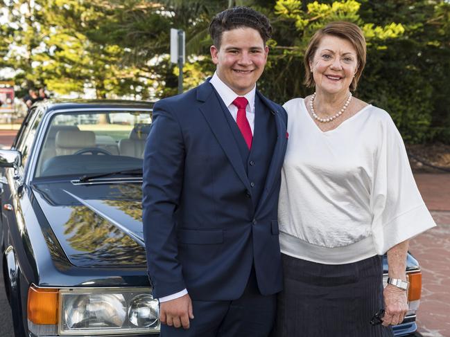 Graduate Lachlan Sharpe with Centenary Heights State High School executive principal Maryanne Walsh at the formal at Picnic Point, Friday, November 20, 2020. Picture: Kevin Farmer
