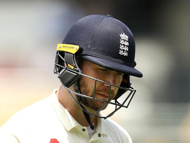 BRISBANE, AUSTRALIA - NOVEMBER 26:  Mark Stoneman of England looks dejected after being dismissed by Nathan Lyon of Australia during day four of the First Test Match of the 2017/18 Ashes Series between Australia and England at The Gabba on November 26, 2017 in Brisbane, Australia.  (Photo by Ryan Pierse/Getty Images)