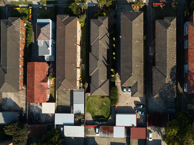 SYDNEY, AUSTRALIA - NewsWire Photos SEPTEMBER 14 2023. Generic housing & real estate house generics. Pic shows aerial view of apartment building rooftops in Ashfield, taken by drone. Picture: NCA NewsWire / Max Mason-Hubers