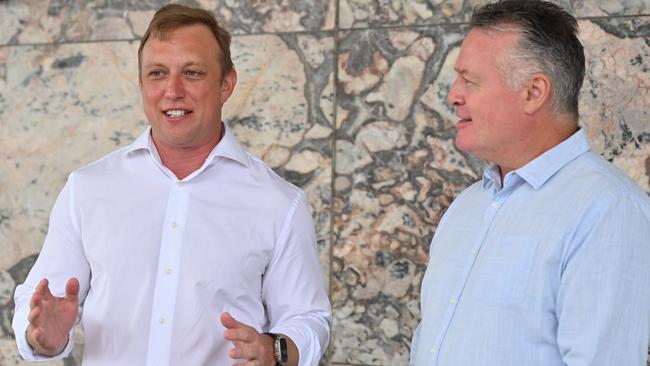 Queensland Acting Premier Steven Miles with State Member for Cairns Michael Healy at the Cairns Domestic terminal on Thursday. Picture Emily Barker.