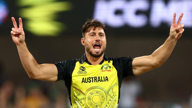 BRISBANE, AUSTRALIA - OCTOBER 31: Marcus Stoinis of Australia celebrates the wicket of Gareth Delany of Ireland for 14 runs during the ICC Men's T20 World Cup match between Australia and Ireland at The Gabba on October 31, 2022 in Brisbane, Australia. (Photo by Chris Hyde-ICC/ICC via Getty Images)