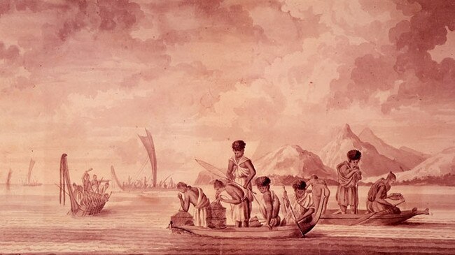 New Zealanders fishing in Queen Charlotte Sound, with cylindrical fishing nets. Source: British Library