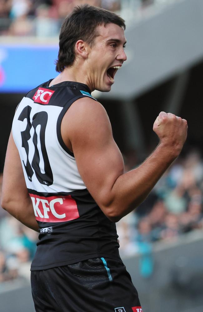 Ollie Lord has made himself at home in the Power forward line. Picture: James Elsby/AFL Photos via Getty Images.