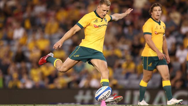 Goal kicker Reece Hodge of Australia during the 2020 Tri-Nations match between the Wallabies and the Argentina Pumas at McDonald Jones Stadium in Newcastle. Picture: Cameron Spencer/Getty Images