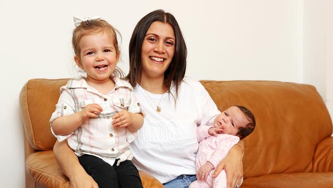 Lisa Capozzi with her five-week-old baby Peppi and toddler daughter Airlie. Picture: Tim Hunter