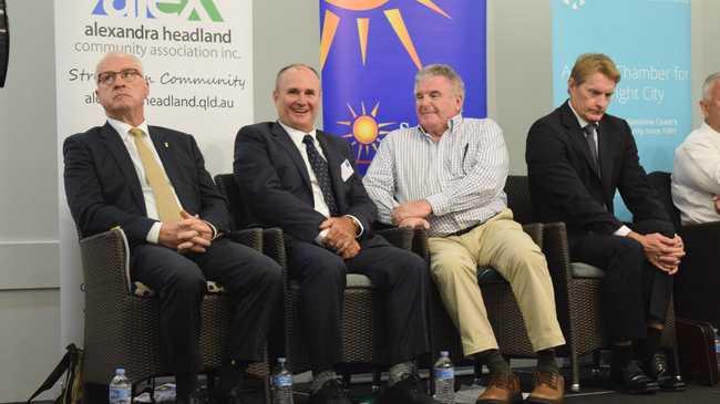 Mayoral candidates Mark Jamieson, Don Innes, Michael Burgess and Chris Thompson at a Sunshine Coast Daily election forum in Maroochydore. Picture: Stuart Cumming