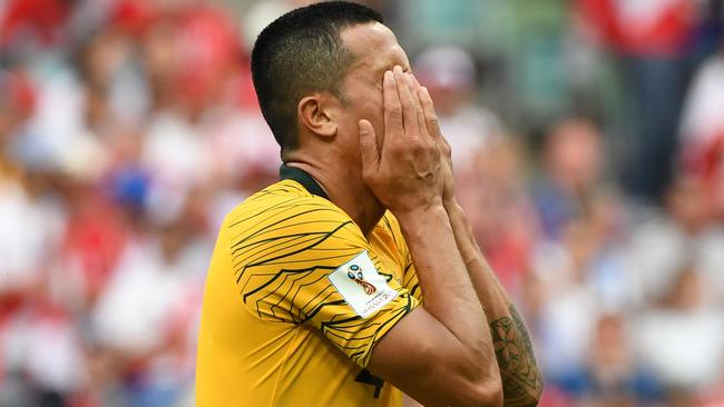 Australia's Tim Cahill after the loss to Peru. Picture: AAP Image/Dean Lewins