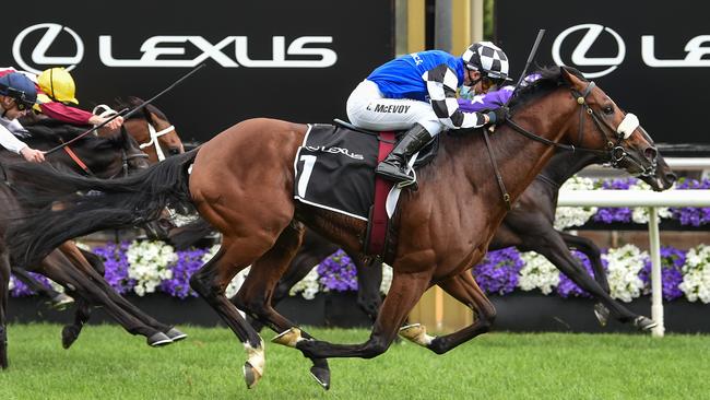 Ashrun, ridden by Kerrin McEvoy wins the Lexus Hotham Stakes — and his way into the Melbourne Cup — at Flemington on Saturday. Picture: Brett Holburt/Racing Photos via Getty Images