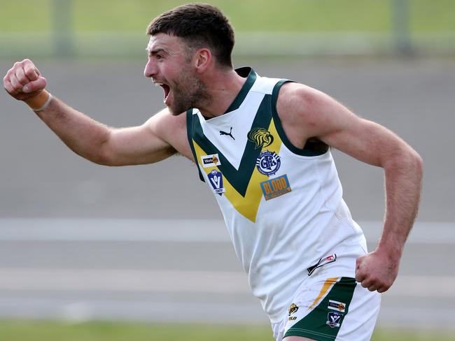 Colac v Leopold, senior footy. Leopold's Brock Williamson celebrates a goal. Picture: Mike Dugdale