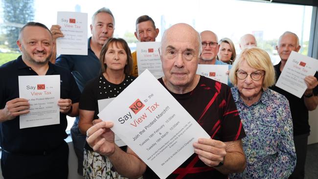 The View Tax Action Group with spokesperson Chris Griffith at the front, released a documentary on the much disliked Gold Coast View Tax at a launch of videos in Southport. The group behind the rally. Picture Glenn Hampson.