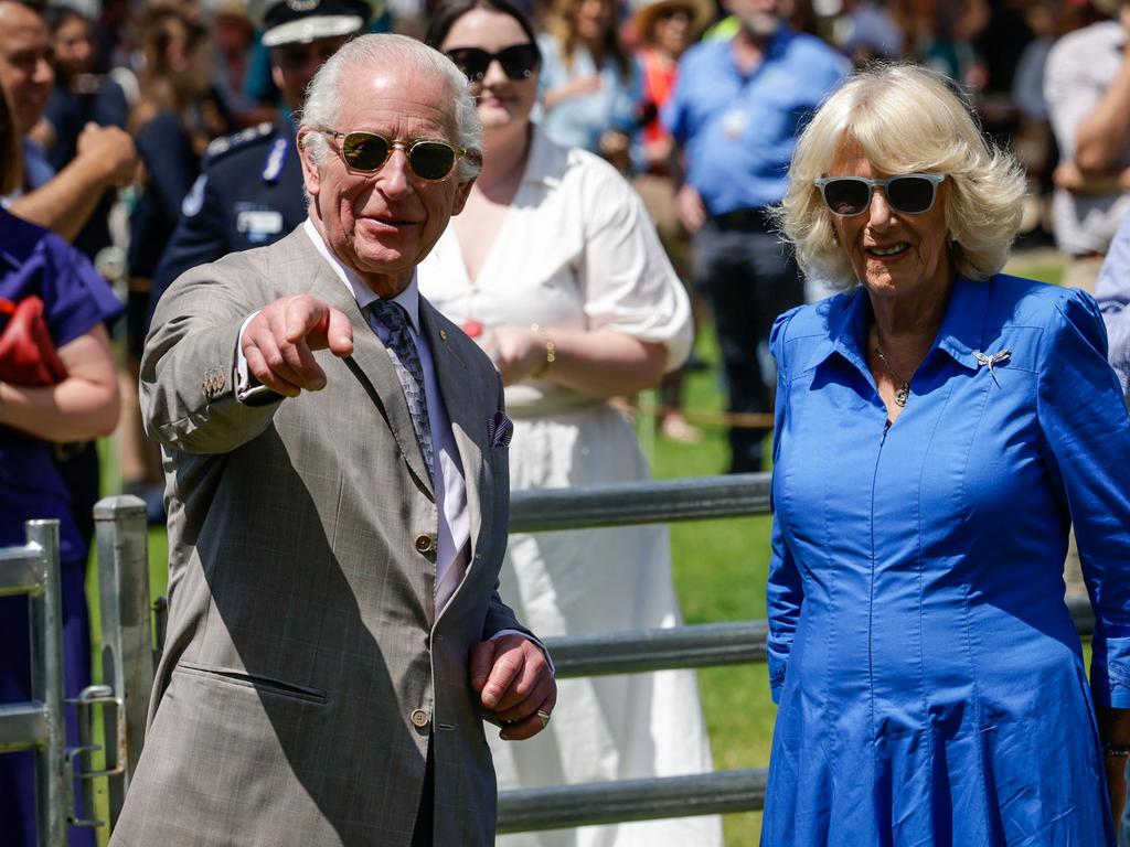 King Charles III and Queen Camilla watched a sheep dog demonstration at the Premier's Community BBQ on Tuesday. Picture: Brook Mitchell / POOL / AFP.