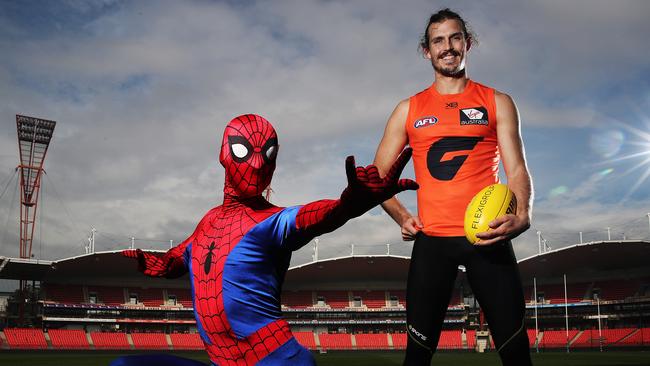 Giants captain Phil Davis with the real Spider-Man. Really. (Phil Hillyard)