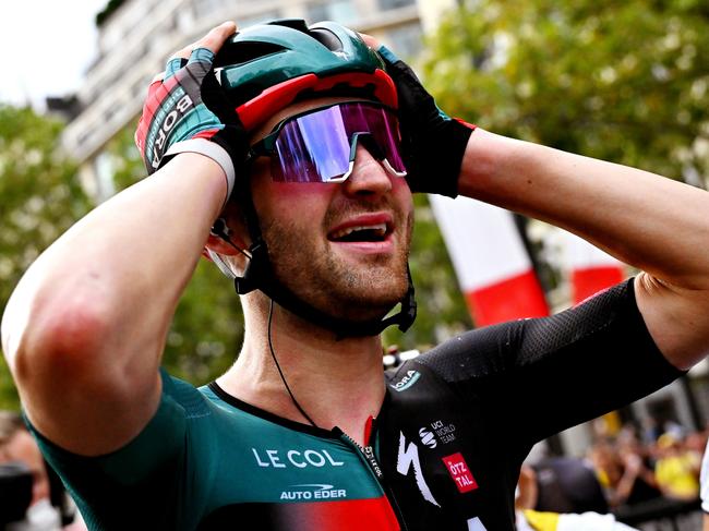 Stage winner Jordi Meeus after crossing the line first in Paris. Picture: Marco Bertorello – Pool/Getty Images