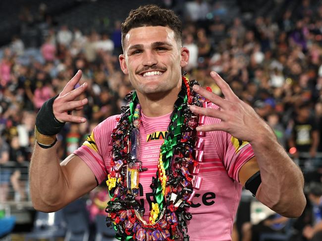 SYDNEY, AUSTRALIA - OCTOBER 06:  Nathan Cleary of the Panthers celebrate after winning the 2024 NRL Grand Final match between the Melbourne Storm and the Penrith Panthers at Accor Stadium on October 06, 2024, in Sydney, Australia. (Photo by Cameron Spencer/Getty Images)