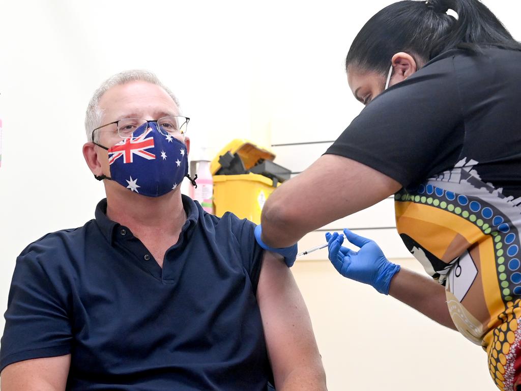 Prime Minister Scott Morrison receiving his Covid-19 booster shot at the Kildare Road Medical in Blacktown. Picture: NCA NewsWire / Jeremy Piper